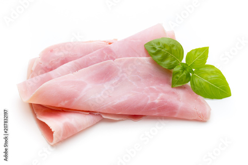 Sliced boiled ham sausage isolated on white background, top view.