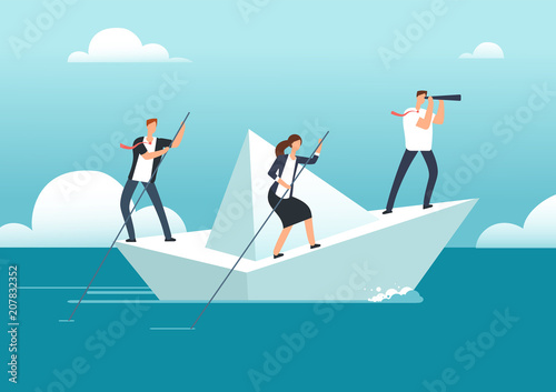 Business team with leader sailing on paper boat in ocean of opportunities to goal. Successful teamwork and leadership vector concept