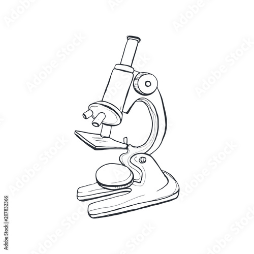 Hand drawn microscope sketch isolated on white background. Vector illustration.
