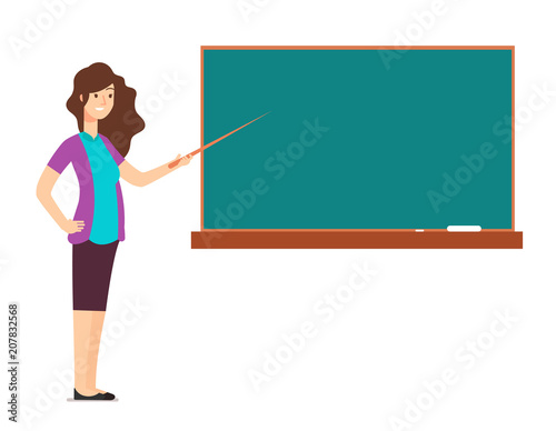 Cartoon teacher woman at blackboard teaching children in school classroom vector illustration