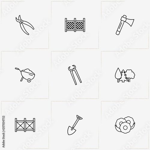 Gardening line icon set with flowers, nippers and hatchet