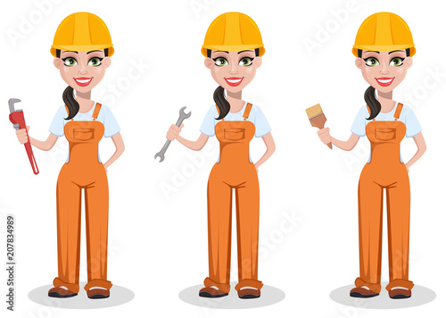 Beautiful female builder in uniform