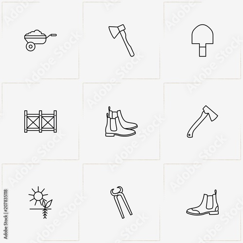 Gardening line icon set with hatchet, wheelbarrow and nippers