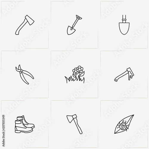 Gardening line icon set with hatchet, flowers and nippers
