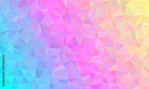 Holographic Low Poly Vector Background. Blue, Pink, Yellow Pastel Rainbow. Vivid Gradient Sparkling Facets. Multicolored Shiny Crystal Texture. Illustration for Web, Mobile Interfaces or Print Design