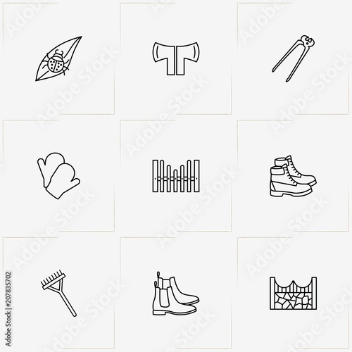 Gardening line icon set with boots, nippers and gloves