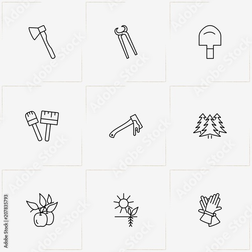 Gardening line icon set with gloves  plant root and broom with brush