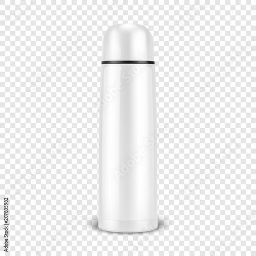 Vector realistic 3d wgite empty glossy metal vacuum thermo tumbler flask closeup isolated on transparency grid background. Design template of packaging mockup for graphics. Front view