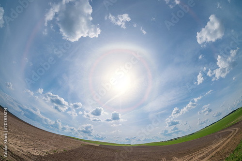 halo on a bright sunny day in the field. Wide angle