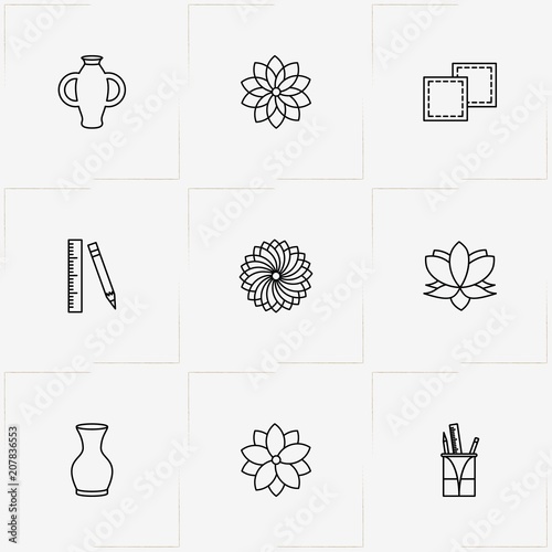 Hand Made line icon set with flower, handkerchief and ruler with pencil