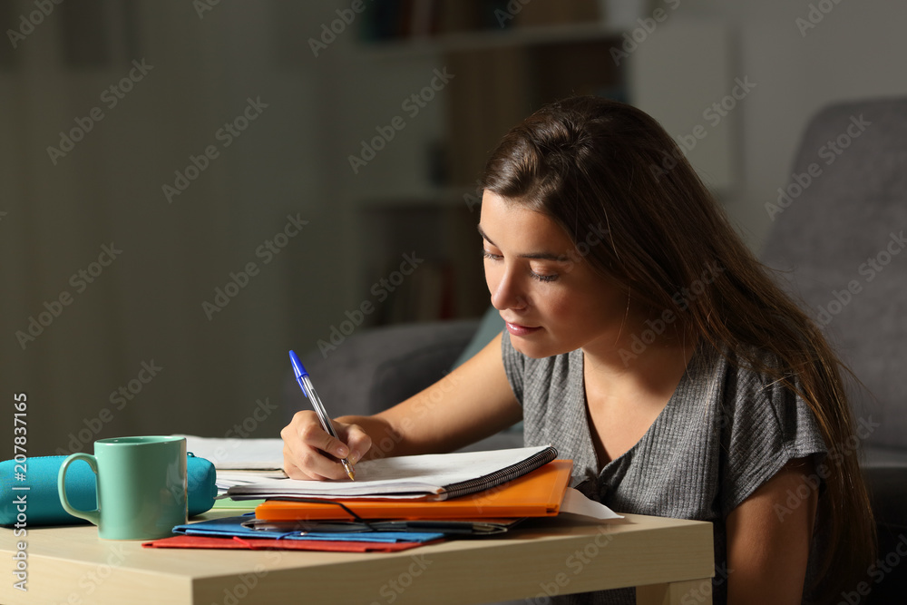Studious student doing homework late hours in the night Studious student doing homework late hours in the night