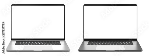 Two laptops with white screen on a white background, isolated. Template, mockup.