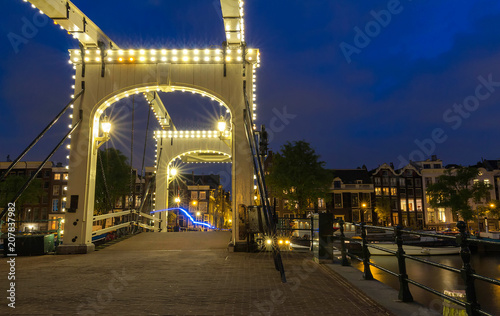 Photography The Skinny Bridge Magere Brug at night, Amsterdam, Holland, Europe