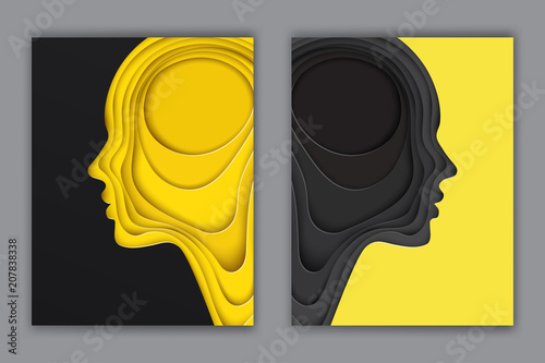 Modern postcards with layered cut out colored paper human profile. Creative thinking, complexity of human nature concept. Paper head of man or woman
