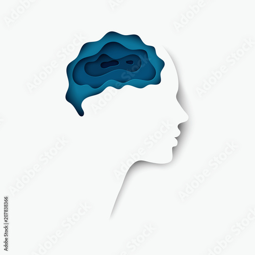 Modern layered cut out colored paper human profile with brain brain. Creative thinking, business concept of innovation. Deep paper art origami style