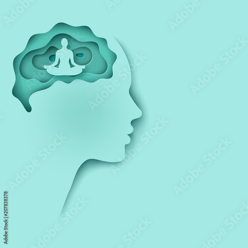Modern layered cut out colored paper human profile with brain and man sitting in calm lotus pose. Concept of relaxation, tranquility and mental health. Deep paper art origami style in pastel colors