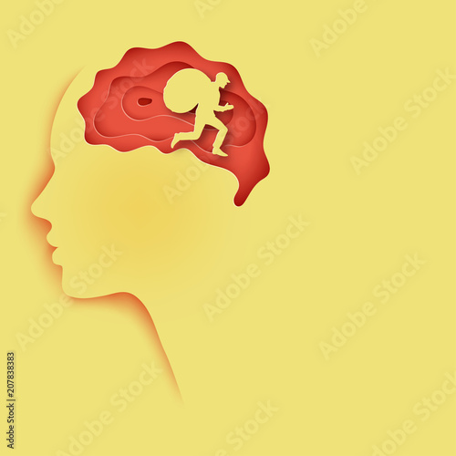 Layered paper cut out colored paper human profile with brain and man stealing ideas. Concept of stealing idea, intellectual property, copyright. Origami paper art style