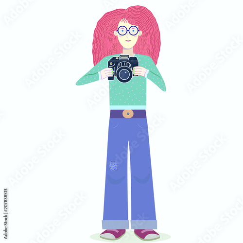 Nice woman photographer full-length with camera in her hands.  Flat vector illustration suitable for printed or web products.