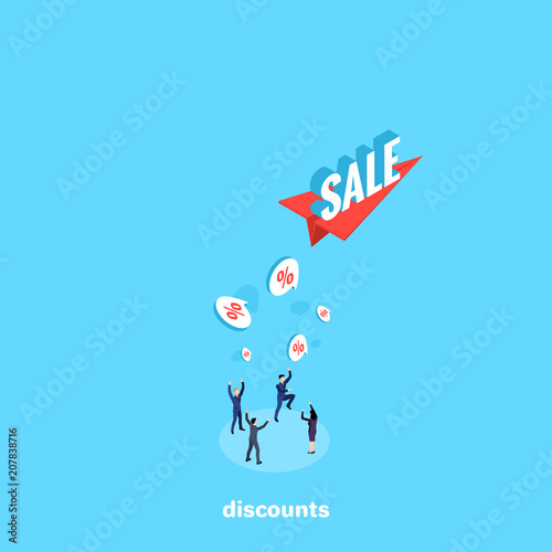 paper airplane with the word sale and people in business suits catch interest from the sky, isometric image