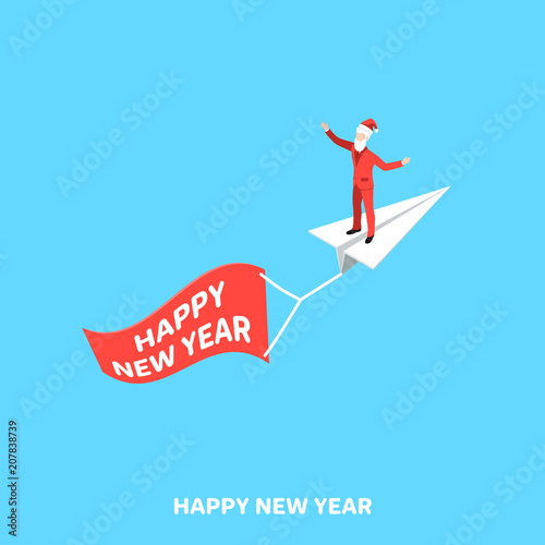 a man in a business suit dressed in Santa Claus flies on a paper airplane with a congratulatory banner hanging from behind, an isometric image
