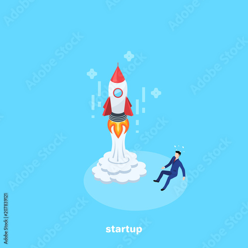 a man in a business suit sits on the floor in front of an upcoming rocket, an isometric image