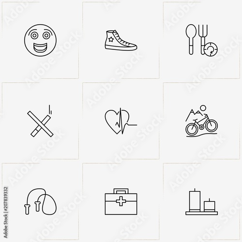 Health line icon set with jumping rope, happy face and no smoking