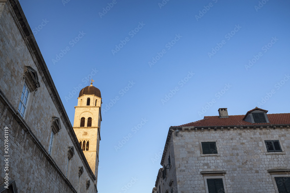 View of the bell tower on the Franjevacki samostan in Dubrovnik, Croatia.