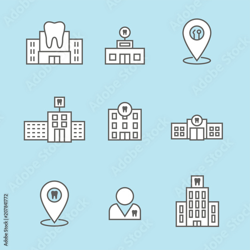 Dentist location icon set - dental images, dental building with windows