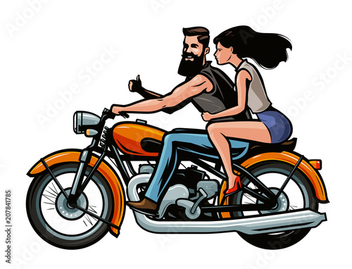 Biker with girl riding a retro motorcycle. Cartoon vector illustration