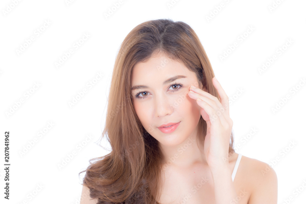Portrait of beautiful woman makeup of cosmetic, girl hand touch cheek and smile attractive, face of beauty perfect with wellness isolated on white background with skin healthcare concept. Portrait of beautiful woman makeup of cosmetic, girl hand touch cheek and smile attractive, face of beauty perfect with wellness isolated on white background with skin healthcare concept.