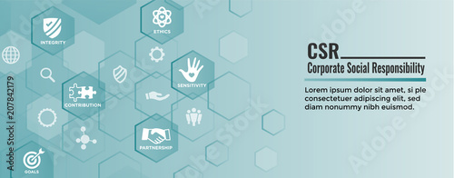 CSR - Corporate social responsibility web banner w Icon Set - Honesty, integrity, collaboration, etc