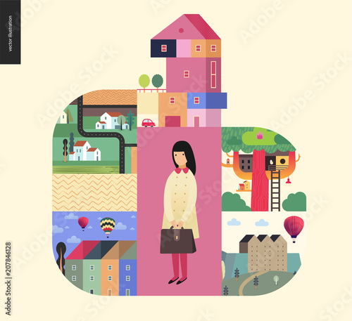 Simple things - houses - flat cartoon vector illustration of countryside house, isolated building, tower, treehouse, ladder, row of townhouses, farmland, school girl, briefcase - houses composition