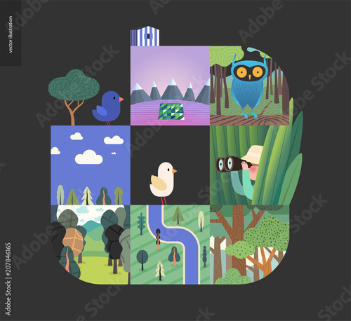 Simple things - forest set on a black background - flat cartoon vector illustration of owl in woods, forest, top view map, river, sk, clouds, bird, hunter in grass, mountains with snow -composition