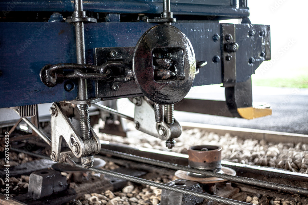 Close view of tram rail front end, showing the spare parts of tramway. Old, vintage, classic, historical technology parts close up photo. Technology, vintage transport concept Close view of tram rail front end, showing the spare parts of tramway. Old, vintage, classic, historical technology parts close up photo. Technology, vintage transport concept