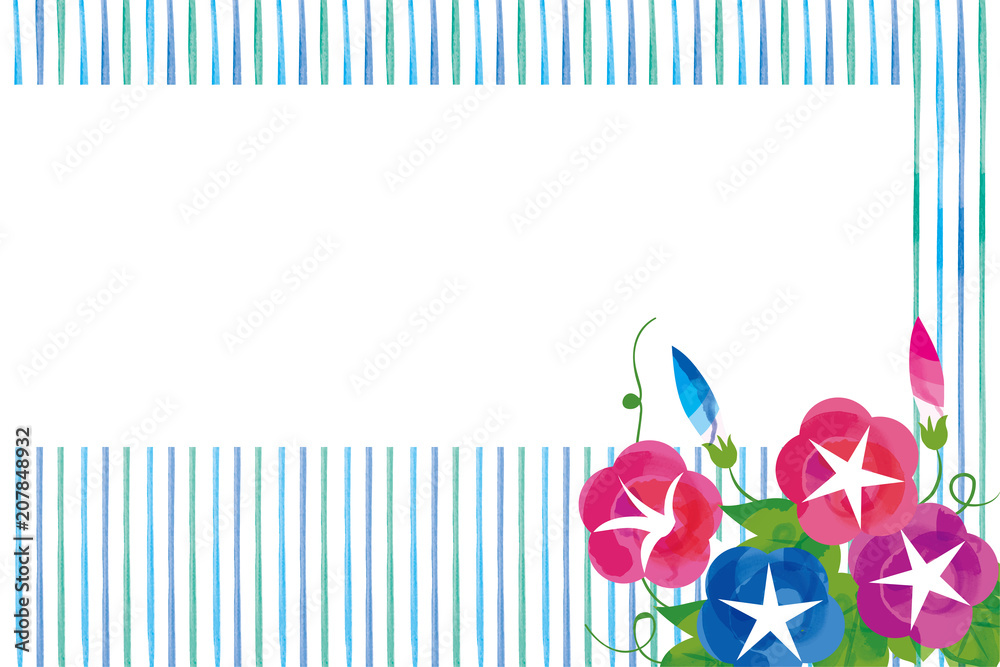 暑中お見舞葉書デザイン 横 朝顔と水彩タッチの背景イラスト 夏のイメージ Stock Vector Adobe Stock