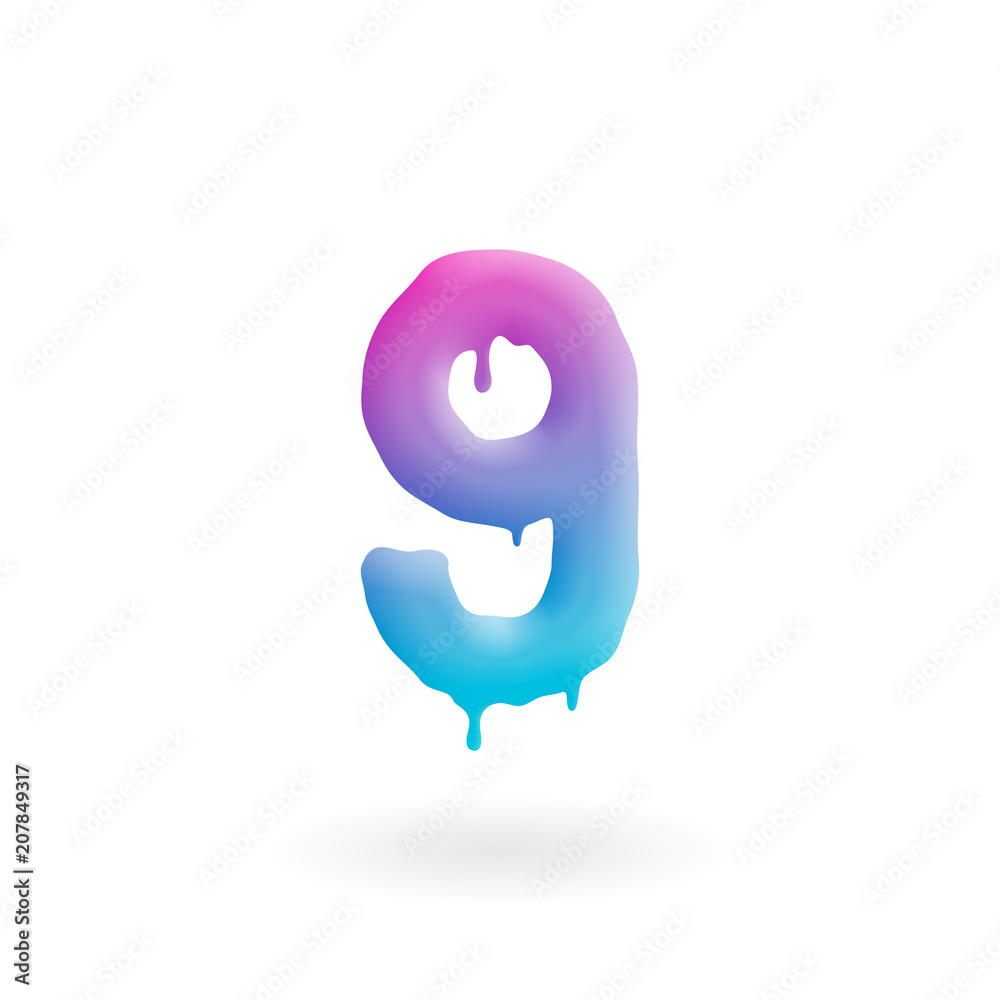 Number 9 logo. Colored paint nine icon with drips. Dripping liquid symbol. Isolated art concept vector. Number 9 logo. Colored paint nine icon with drips. Dripping liquid symbol. Isolated art concept vector.
