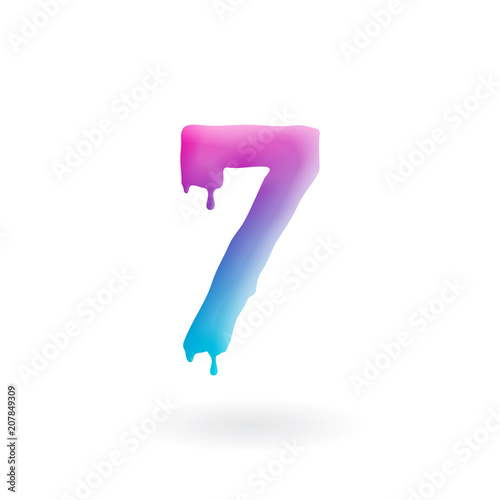 Number 7 logo. Colored paint seven icon with drips. Dripping liquid symbol. Isolated art concept vector.