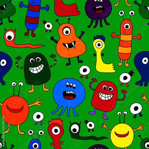 Seamless Pattern of Brightly Colored Monsters