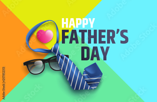 Flat lay style of Happy Father's Day inscription with necktie and glasses. Greetings and presents for dad.Vector illustration EPS10