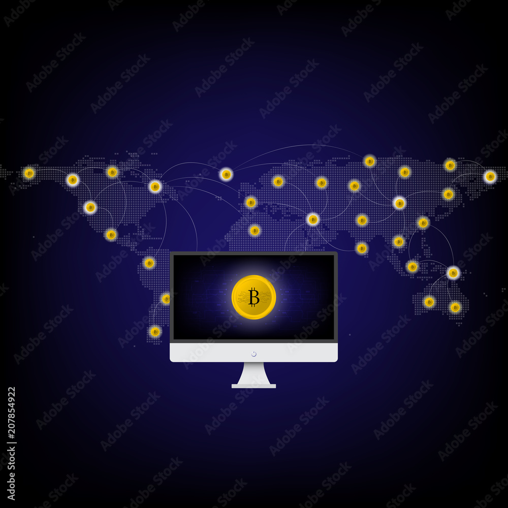 Golden bitcoin in computer and blue world map Golden bitcoin in computer and blue world map