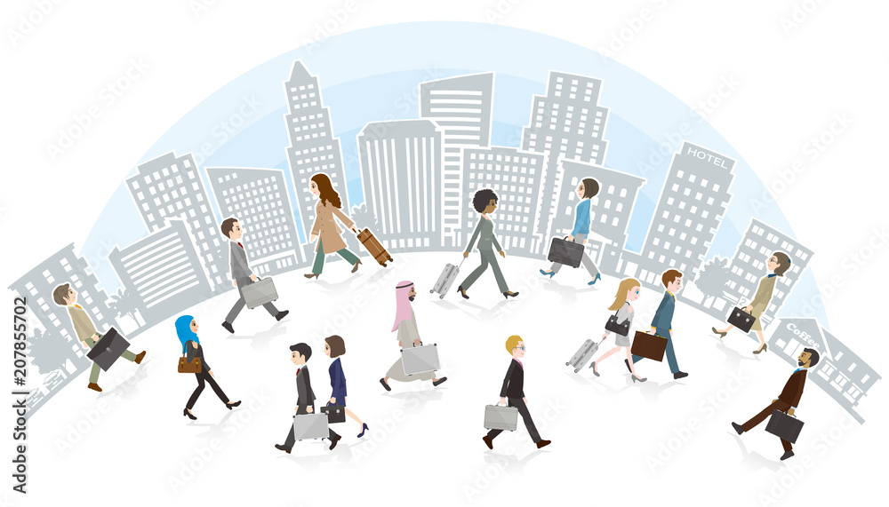 Obraz premium 働く人々と背景のイラスト