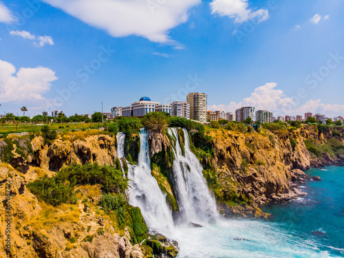 Drone view to the Duden waterfalls in Antalya