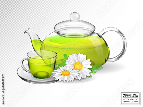 Chamomile tea in a transparent teapot with a cup. Realistic vector 3d illustration.
