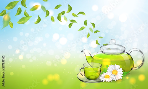Procurement for the brochure of chamomile tea with a transparent glass teapot and a cup. Vector illustration, 3d.