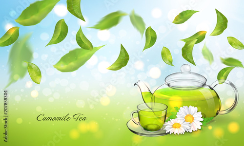Procurement for the brochure of chamomile tea with a transparent glass teapot and a cup. Vector illustration, 3d.