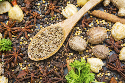Dried caraway seeds with herbs and spices
