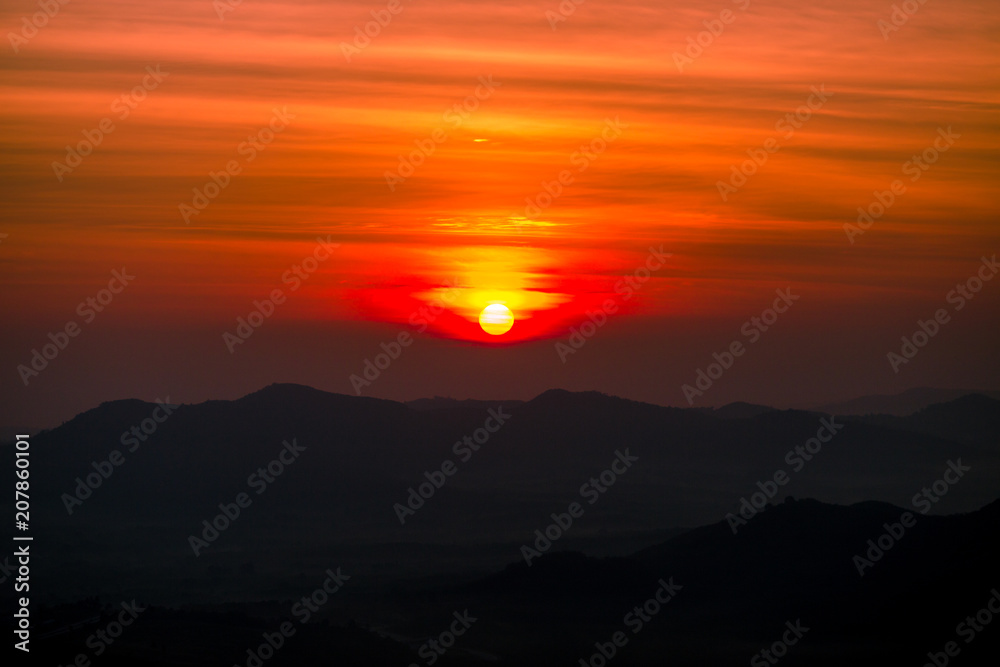 The sun is rising from the mountains, fresh morning. Colorful and memorable