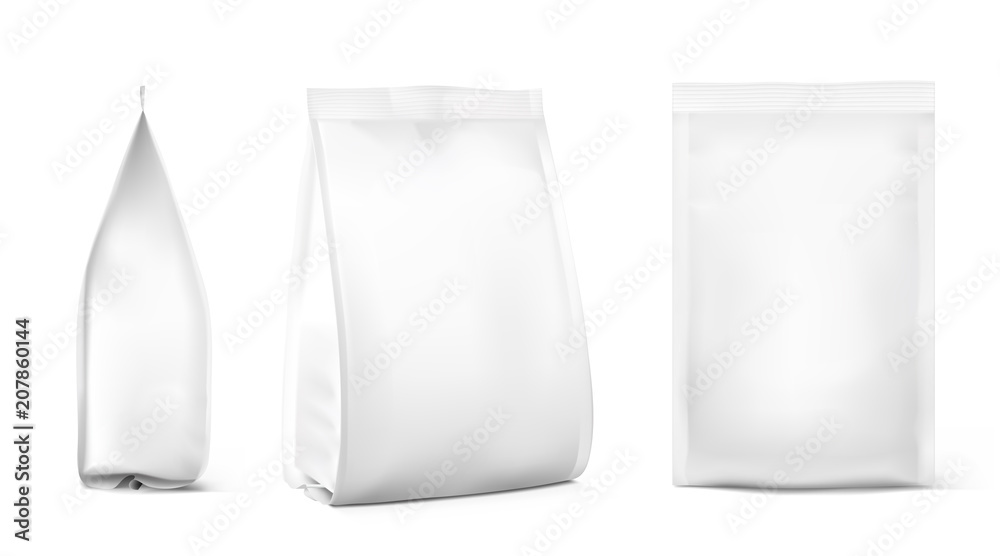 Realistic food bags isolated on white background. Front, isometric and side view. Vector illustration. Can be use for template your design, presentation, promo, ad. EPS 10. Realistic food bags isolated on white background. Front, isometric and side view. Vector illustration. Can be use for template your design, presentation, promo, ad. EPS 10.