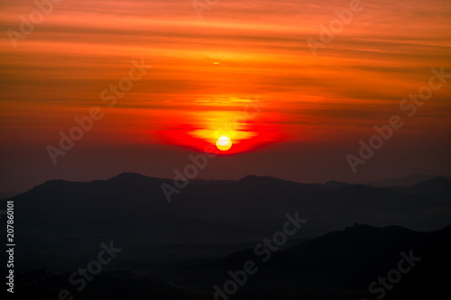 The sun is rising from the mountains, fresh morning. Colorful and memorable © bangprik