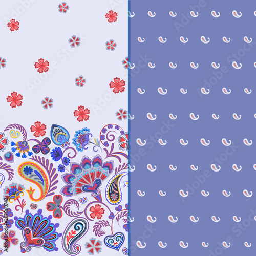 Set of two horizontal seamless floral pattern with paisley and fantasy flowers border. Hand drawn texture for clothes, bedclothes, fabric of the dress etc. Lilac